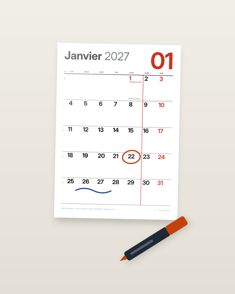 Calendrier effaçable : aperçu d’un calendrier de janvier 2027 réalisé avec le générateur