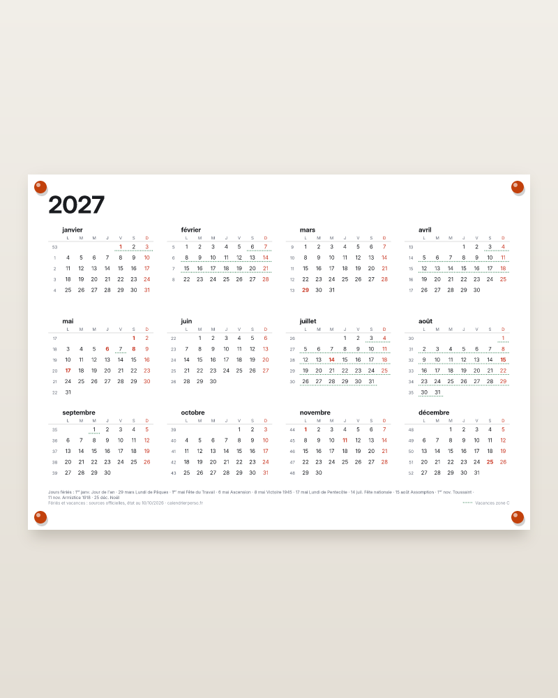 Planning annuel XXL : aperçu d’un calendrier de janvier 2027 réalisé avec le générateur